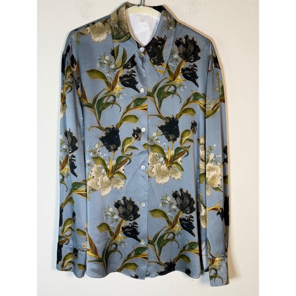 Vince Womens Blue Floral 100% Silk Button Down Long Sleeve Blouse Size L - Picture 2 of 10